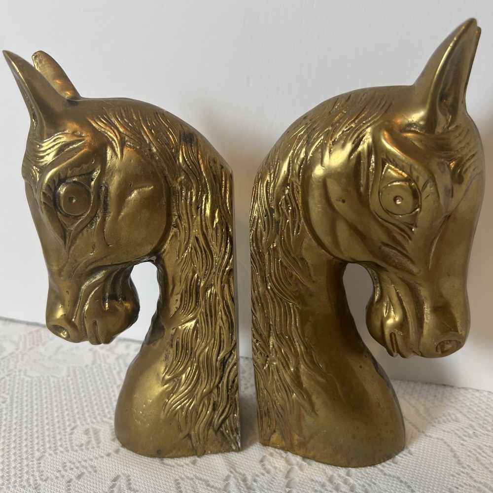 Vintage Mid Centry Modern  Brass 2 Large Horse Head Bookends Pair